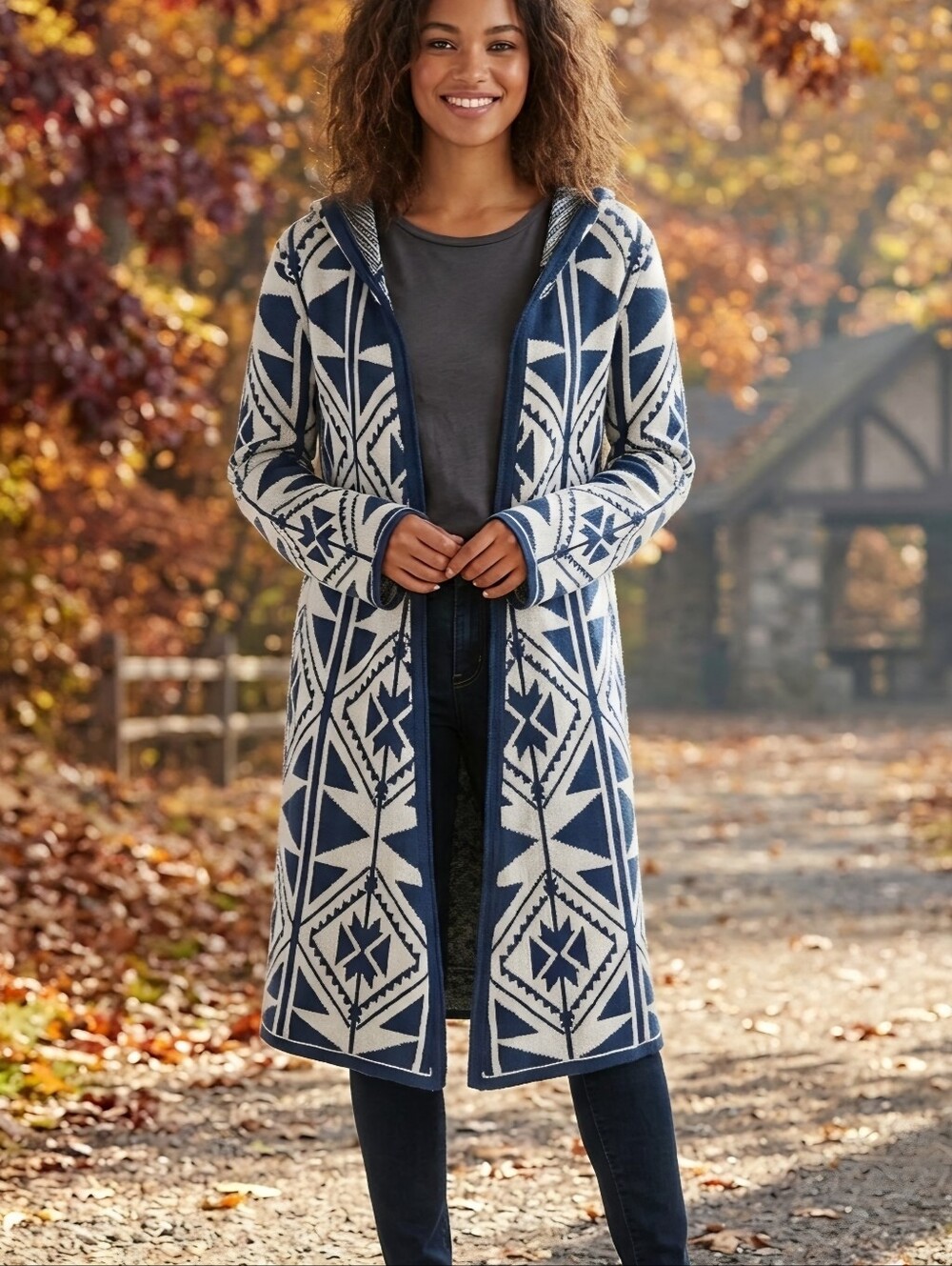 Forever 21 Aztec Geometric Hooded Duster Cardigan Sweater